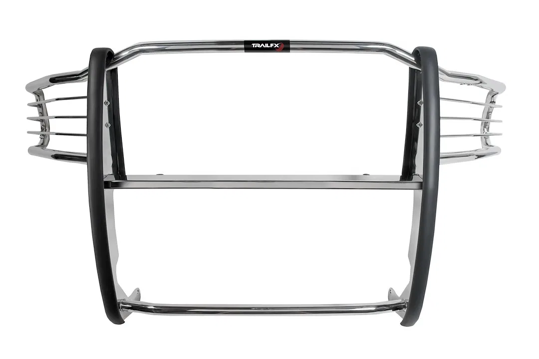 E0043S – TRAILFX Grille Guard, 1-Piece Polished Stainless Steel 1-1/2 Inch Diameter With Brush Guard Without Skid Pla...